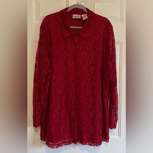 Kathie Lee Vintage Womens Red Lace Floral Long Sleeve Button Up Blouse Sz 22/24